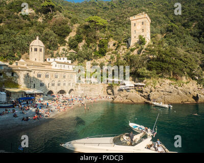 San Fruttuoso cove with a medieval Abbey, Liguria region, Italy. Stock Photo