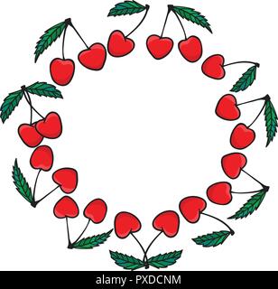 Hand drawing Cherry berry Fashion sketch round frame isolated on white background. Vector illustration print design. Stock Vector