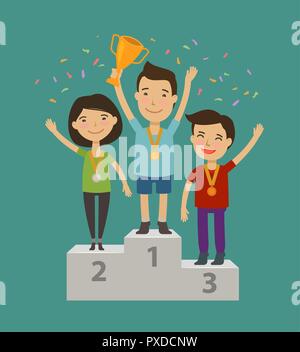 Champion on the pedestal. Achievement, awarding ceremony concept. Cartoon vector illustration Stock Vector
