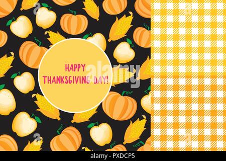 Set Happy Thanksgiving Day card. Cartoon ear of corn seamless pattern. Vector ilustration isolated. Cell background orange color fashion cloth in a cage. Stock Vector