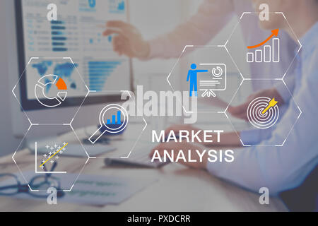 Market analysis business team working on sales data report analytics on computer screen in office for insights on decision about marketing and adverti Stock Photo