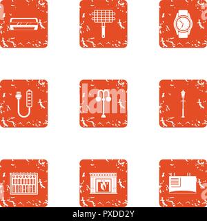 Home grill icons set, grunge style Stock Vector