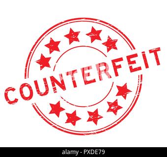 Grunge red counterfeit with star icon round rubber stamp on white background Stock Vector