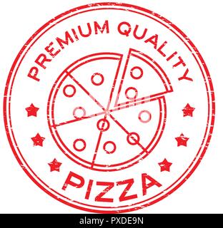 Grunge red premium quality pizza with slice plate logo round rubber stamp Stock Vector