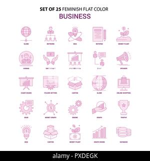 Set of 25 Feminish Business Flat Color Pink Icon set Stock Vector