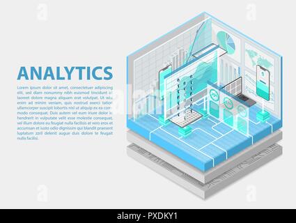 Advanced Analytics isometric vector illustration. Abstract 3D infographic with mobile devices and data dashboards Stock Vector