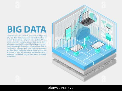Big Data isometric vector illustration. Abstract 3D infographic with mobile devices and technology infrastructure Stock Vector