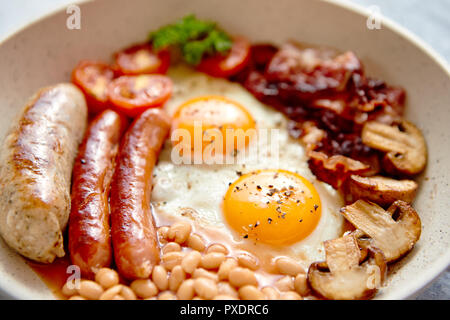 Traditional Full English Breakfast on frying pan.