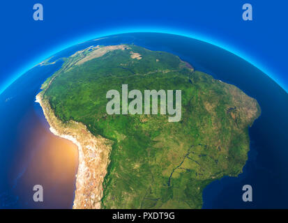 Satellite view of the Amazon, map, states of South America, reliefs and plains, physical map. Forest deforestation Stock Photo