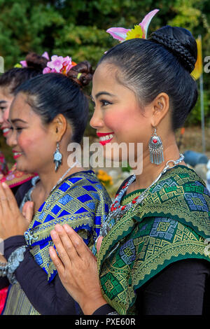 Portrait of a Thai Apsara dancer performing at the annual End of Lent Celebration held at Wat Boston Buddha Vararam, a Thai Theravada Buddhist temple. It is one of two Buddhist temples in Massachusetts. Stock Photo