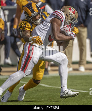 Los Angeles Rams cornerback Troy Hill, right, celebrates with Taylor Rapp  (24) after intercepting a pass against the Buffalo Bills during the first  half of an NFL football game Thursday, Sept. 8