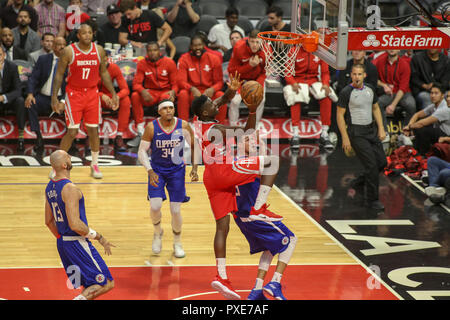 Los Angeles, CA, USA. 21st Oct, 2018. Houston Rockets center Clint Capela #15 going up for a shot during the Houston Rockets vs Los Angeles Clippers at Staples Center on October 21, 2018. (Photo by Jevone Moore) Credit: csm/Alamy Live News Stock Photo