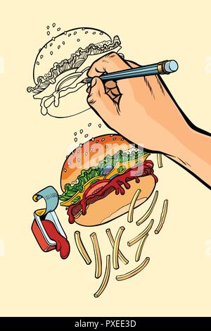 The artist s hand draws a Burger, French fries and ketchup fast  Stock Vector
