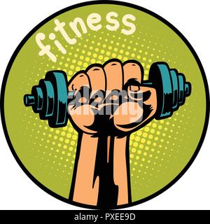 fitness man hand with dumbbell.  icon symbol circle emblem Stock Vector
