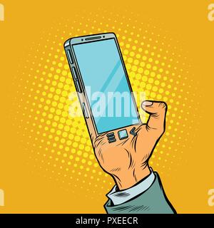 Man with hand smartphone. The gadget is implanted in the human b Stock Vector