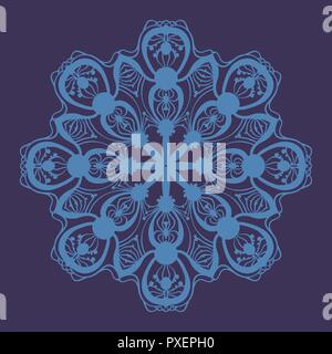Stylized snowflake icon of blue color on violet background Stock Vector