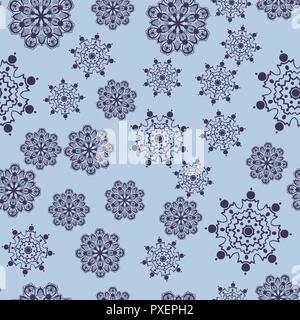 Stylized Dark blue snowflakes falling down on azure background Stock Vector