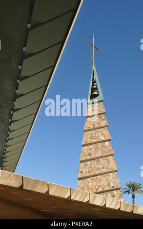 Bell tower of First Christian Church in Phoenix, Arizona, which was built in the 1970s using a design architect Frank Lloyd Wright completed in 1950. Stock Photo