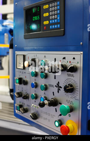 Control panel of CNC milling machine. Selective focus. Stock Photo