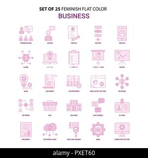 Set of 25 Feminish Business  Flat Color Pink Icon set Stock Vector