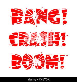 Lettering Bang, Crash, Boom. The letters are split into pieces by impact or explosion and shards of letters flying in all directions. Vector illustrat Stock Vector