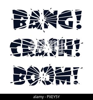 Lettering Bang, Crash, Boom. The letters are split into pieces by impact or explosion and shards of letters flying in all directions. Vector illustrat Stock Vector