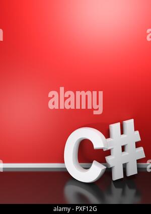 C# white write at red wall - 3D rendering Stock Photo