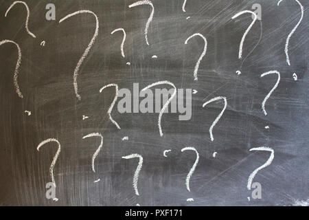 Question marks written on chalkboard Stock Photo