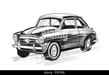 Vintage European car. Ink black and white drawing Stock Photo