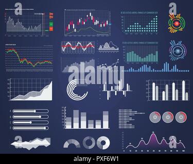 Set of Intelligent technology hud interface. Network management data screen with different chart and diagram. Illustrated vector. Stock Vector