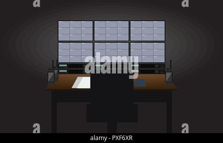 Empty Workplace security guard room. Tv sets showing surveillance cameras view. Flat color style Vector illustration Stock Vector