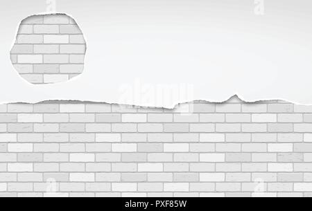 White horizontal ripped paper strips with torn circle on left side, torn note paper for text or message on brick wall background Stock Vector