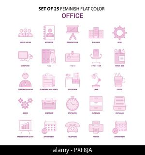 Set of 25 Feminish Office Flat Color Pink Icon set Stock Vector