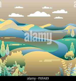 Village landscape in trendy flat style vector illustration. Mountains and hills, flowers and trees, abstract background with copy space for header ima Stock Vector