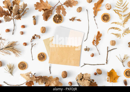 Top view various dried leaves with open envelope with blank card on white background. Autumn, fall concept flat lay. Autumn composition Stock Photo