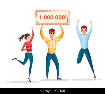 Lottery winner. Women and man stand with winner banner, 1000000. Happy people. Win million. Cartoon character design. Flat vector illustration isolate Stock Vector