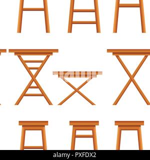 Seamless pattern. Set of bar chairs. Wooden ocher collection. Retro bar or cafe stools. Flat vector illustration on white background. Stock Vector