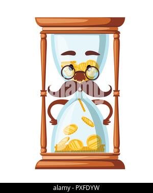 Hourglass with coins. Hourglass mascot. Cartoon character design. Flat vector design isolated on white background. Stock Vector