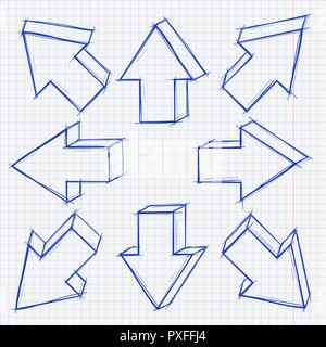 Arrows in all directions. Grunge technique hand drawn sketch. On lined paper background Stock Vector