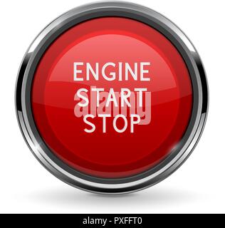 Engine start stop button with chrome frame. Red car dashboard element Stock Vector