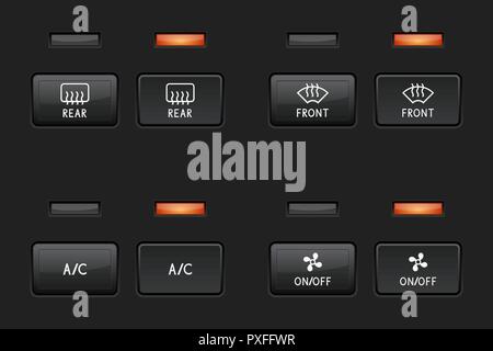 Car interior buttons. Dashboard black square elements Stock Vector