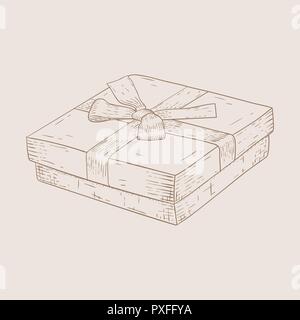 Gift box. Hand drawn sketch on beige background Stock Vector