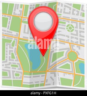 City map paper folded with red location marker Stock Vector