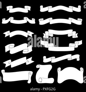 White ibbon banners on black background. Hand drawn sketch Stock Vector