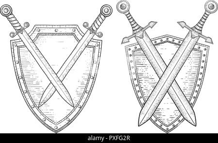 Shield with swords. Hand drawn sketch Stock Vector