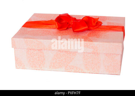 Red satin ribbon bow on pink gift box Stock Photo
