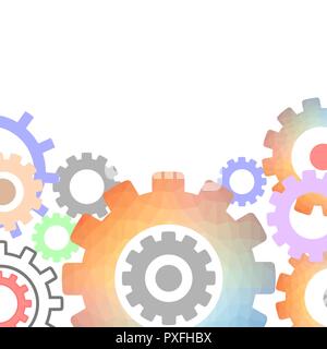 Techno Background with Geometric Colorful Gear Wheels. Space for Text. Modern Mechanism Industrial Concept Stock Vector