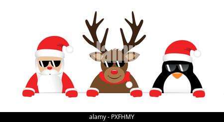 cute reindeer santa claus and penguin cartoon with sunglasses for christmas vector illustration EPS10 Stock Vector