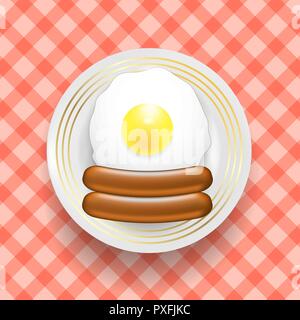 Natural Egg and Two Realistic Boiled Sausages. Top View Stock Vector