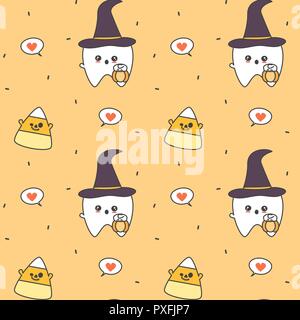 cute cartoon tooth with witch hat and candy corn funny halloween seamless vector pattern background illustration Stock Vector
